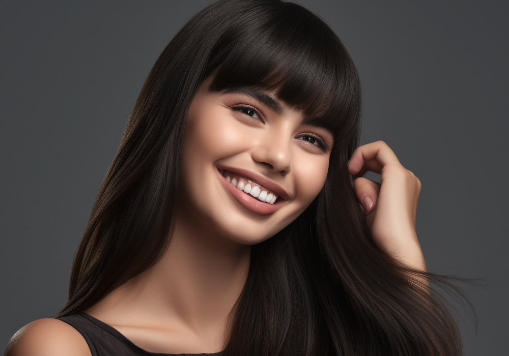 Smiling young woman with dark hair and full bangs