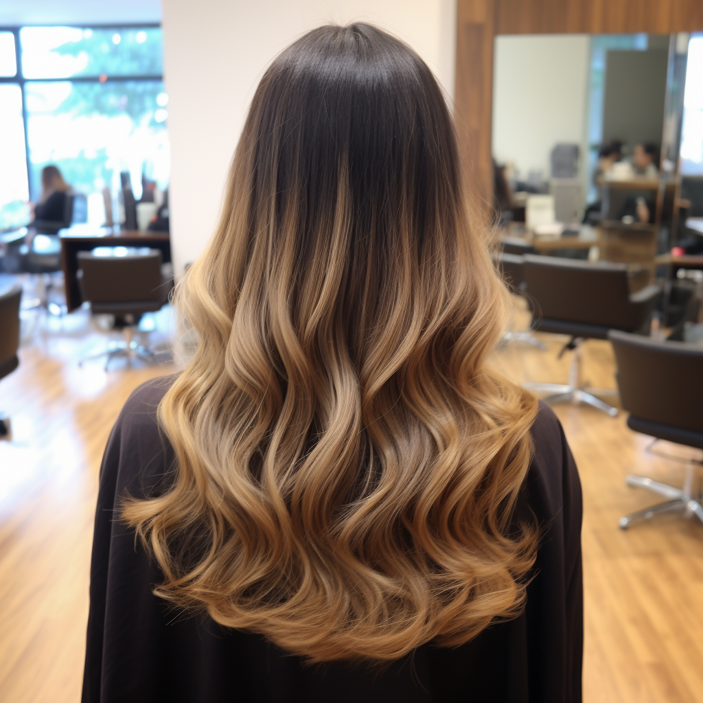 Beautiful long balayage hair that starts deep black at the top and ends in a brilliant light brown