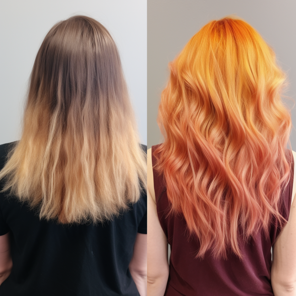 Before and after of hair color restoration. Before was fried split ends with long dark roots. After is a vibrant gradient or pink and orange.